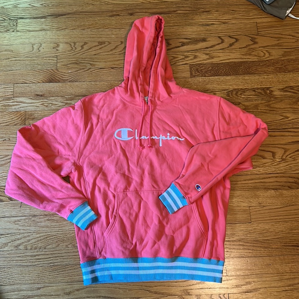Pink Champion Hoodie with Blue and White Cuffs